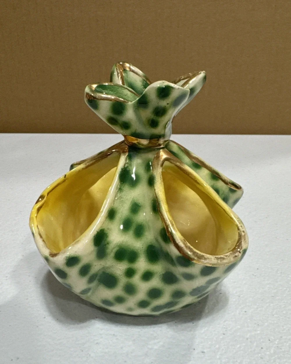 VTG Polychrome Enamel Handkerchief Vase Basket Green Dots Mica Italy Small size